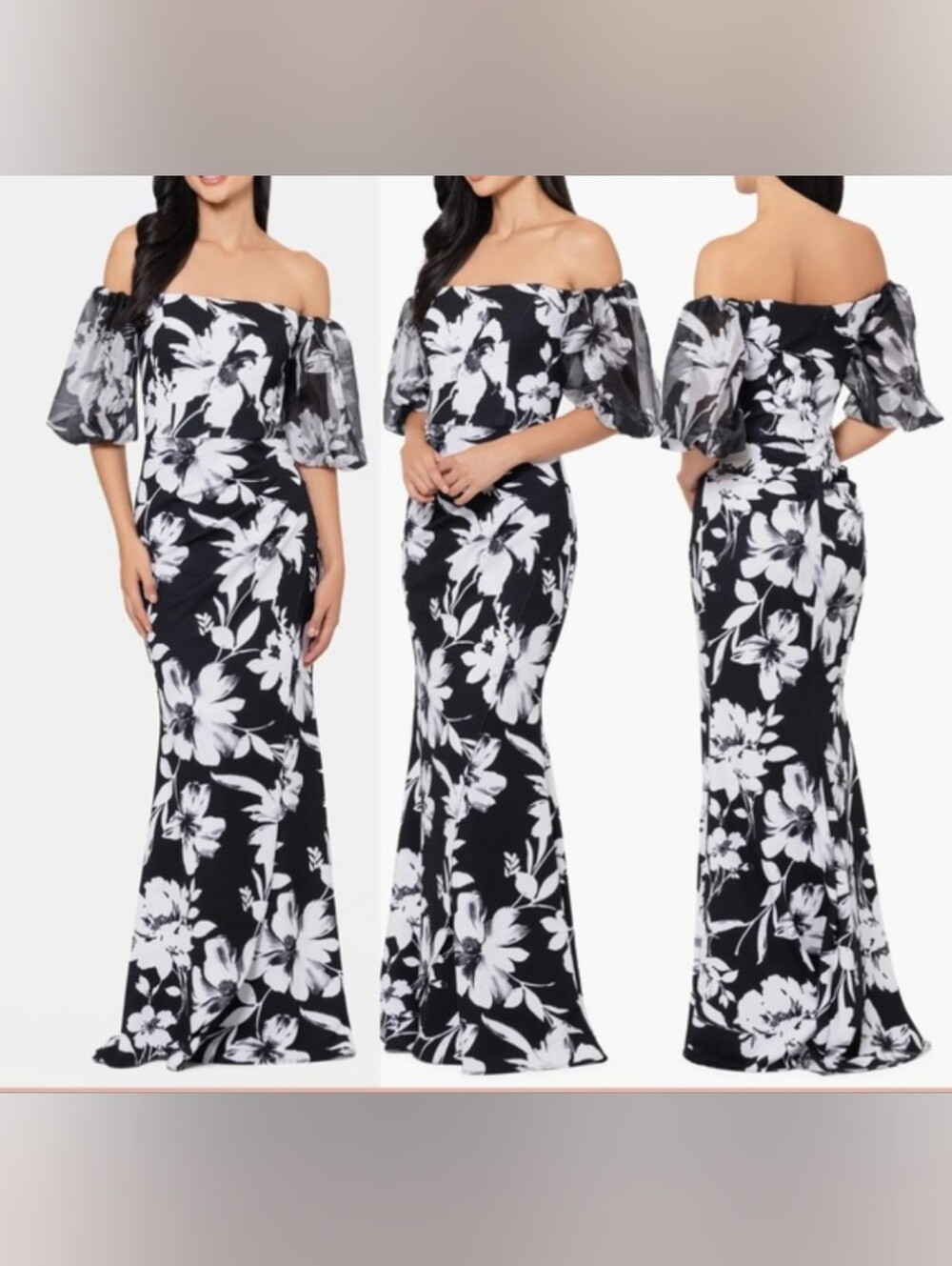 XSCAPE Petite Off The Shoulder Floral Print Gown